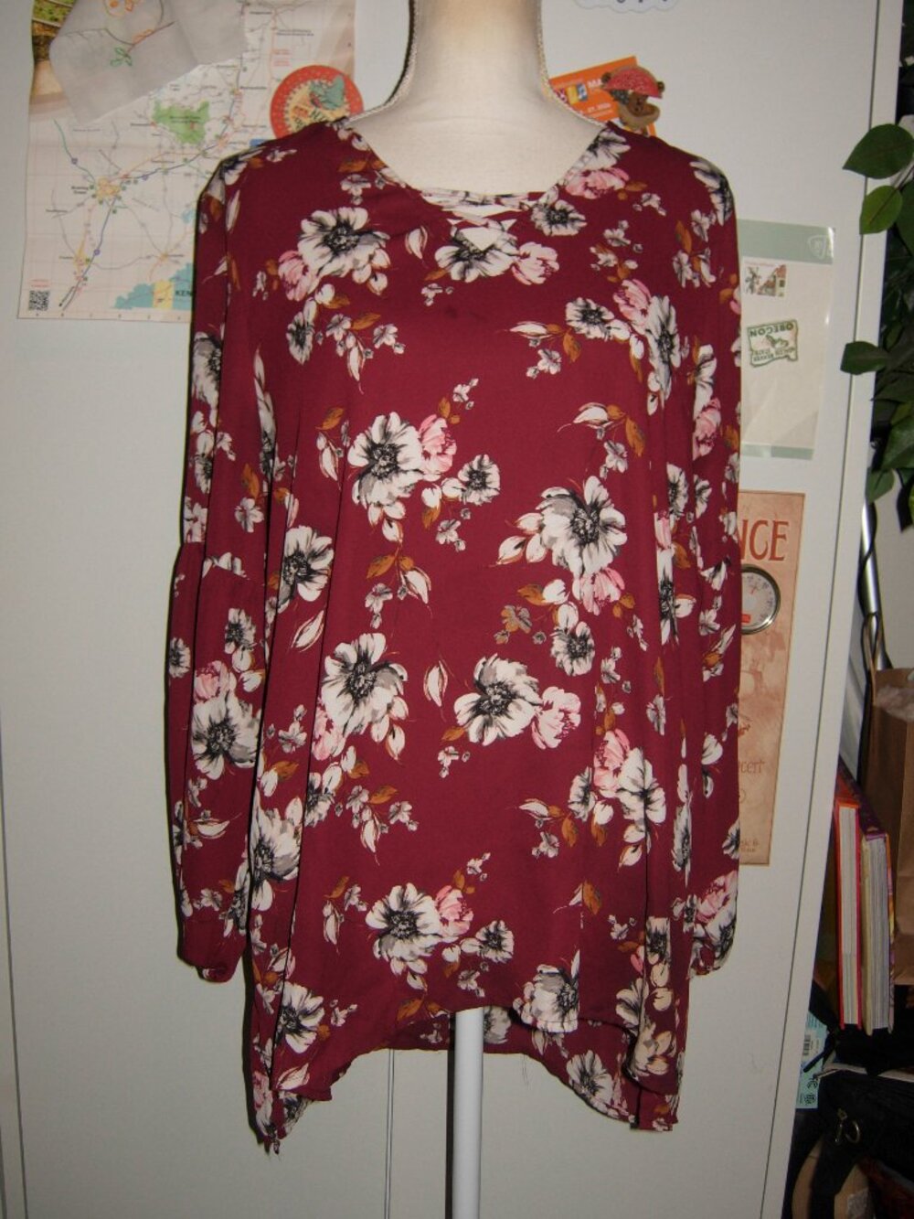 Maurices Burgundy Floral Semi-Sheer Long Sleeve Top L